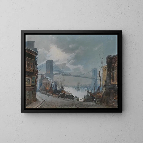 den new-yorkerska scenen vid Brooklynbron, öppnad 1883, med South Street i förgrunden - Anonym — inramlat konstverk på väggen