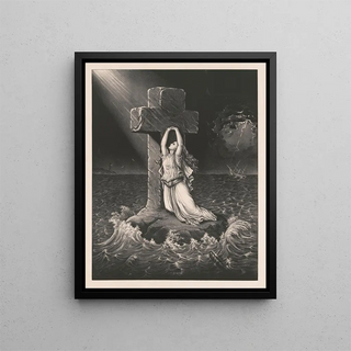 Anonymous - Woman leaning against cross on rock in middle of stormy sea near a shipwreck.webp