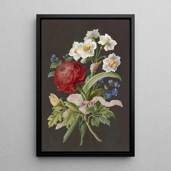 Reproduktion av målningen med blomsterarrangemang med röd ranunkel, vit narciss och blå blomma med stänke - Anonym