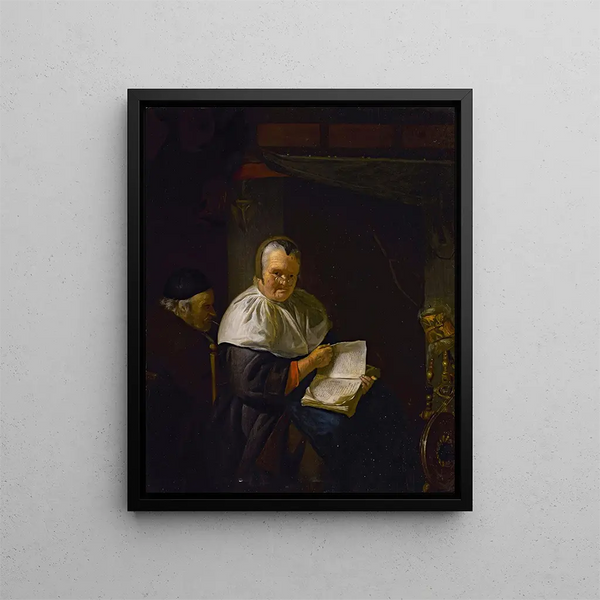 inomhus med en kvinna som läser nära ett spinnhus och en man som röker - Antoine van Dyck — inramlat konstverk på väggen