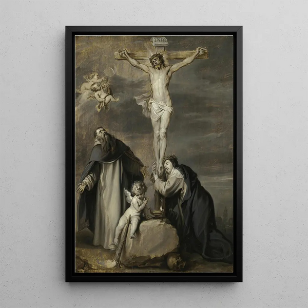 Kristus på korset som dyrkas av helgonen Dominikus och Katarina av Siena - Antoine van Dyck — inramlat konstverk på väggen