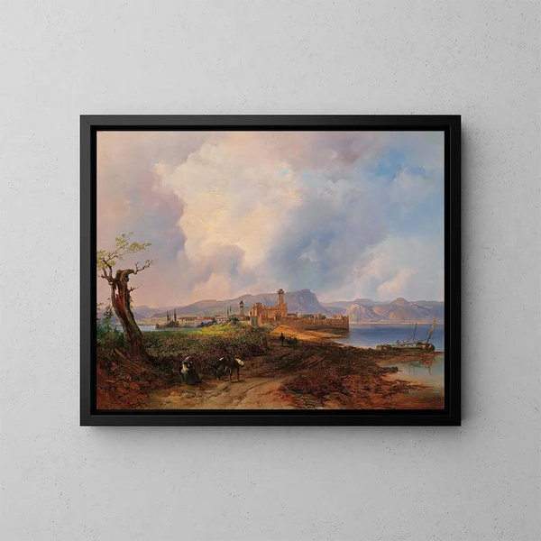 Vue du château de Sermione sur l'île de Sermione au lac de Garde - Anton Hansch — inramlat konstverk på väggen