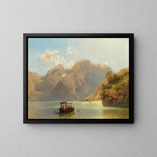 Båttur på Hallstättersee med Hallstatt i bakgrunden - Anton Hlaváček — inramlat konstverk på väggen