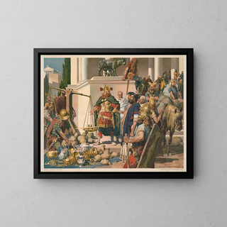 Anton Hoffmann - Nordic military men negotiating with Romans over gold silver bowls and coins.webp