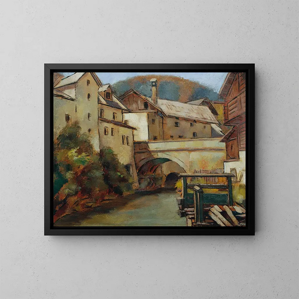 Vue d'une ville avec fleuve et pont - Anton Hula — inramlat konstverk på väggen