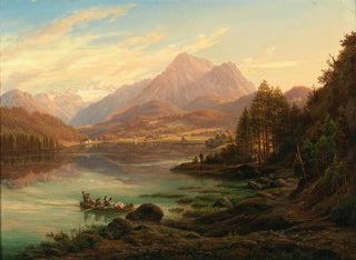 Vue du lac Altausseer vers le Karlseisfeld au Dachstein, le haut Seirrstein et les ruines de Pfluigsberg et de la maison du baron Zedlitz au bord du lac - Anton Schiffer — vy av konstverket