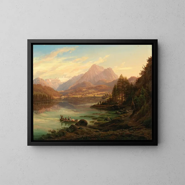 Vue du lac Altausseer vers le Karlseisfeld au Dachstein, le haut Seirrstein et les ruines de Pfluigsberg et de la maison du baron Zedlitz au bord du lac - Anton Schiffer — inramlat konstverk på väggen