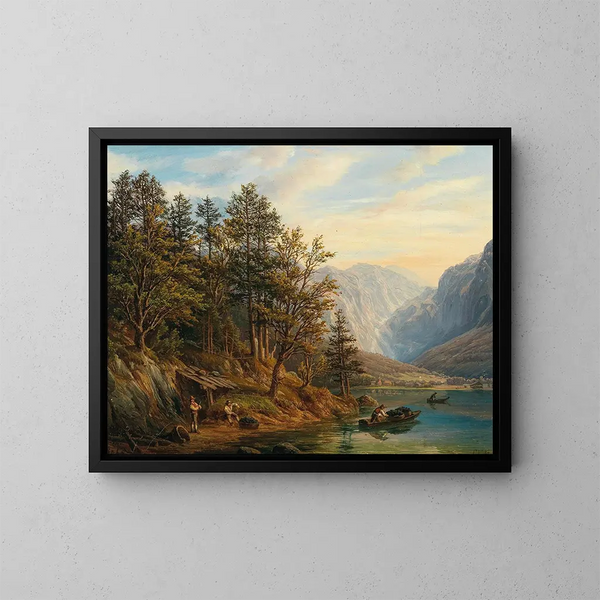 Del till Hallstatt efter Obertraun i Salzkammergut - Anton Schiffer — inramlat konstverk på väggen