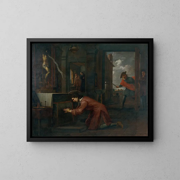 Saint François receives the order of the Crucifix to Saint-Damien to repair God's house - Antoni Viladomat — inramlat konstverk på väggen