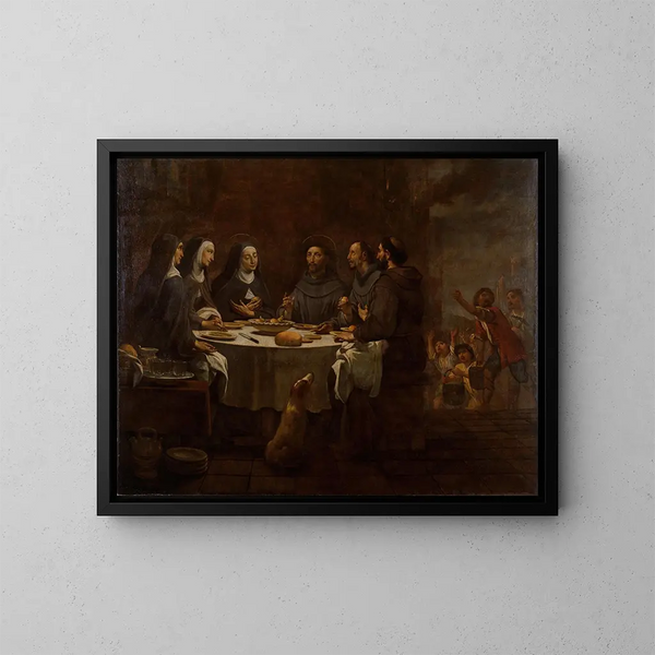 Saint François och Sainte Claire vid middagen i klostret i Saint-Damien - Antoni Viladomat — inramlat konstverk på väggen