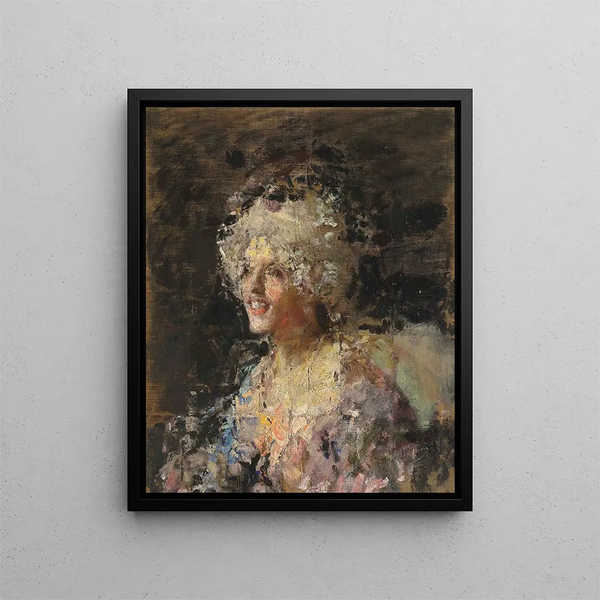 kvinna i 1700-talets kostym - Antonio Mancini — inramlat konstverk på väggen