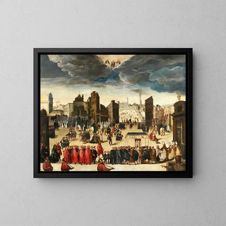La procession som firar invigningen av den insignia Collegiata di Santa Maria in Provenzano i Siena - Antonio di Taddeo Gregori — inramlat konstverk på väggen