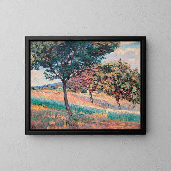 fruktträdgård vid skogskant i Saint-Chéron - Armand Guillaumin — inramlat konstverk på väggen