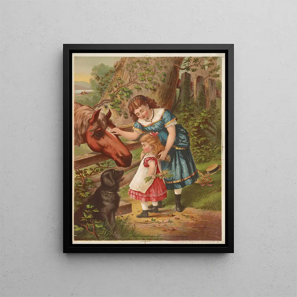 Två unga flickor med en häst och en hund - Armstrong & Co. Lith. — inramlat konstverk på väggen
