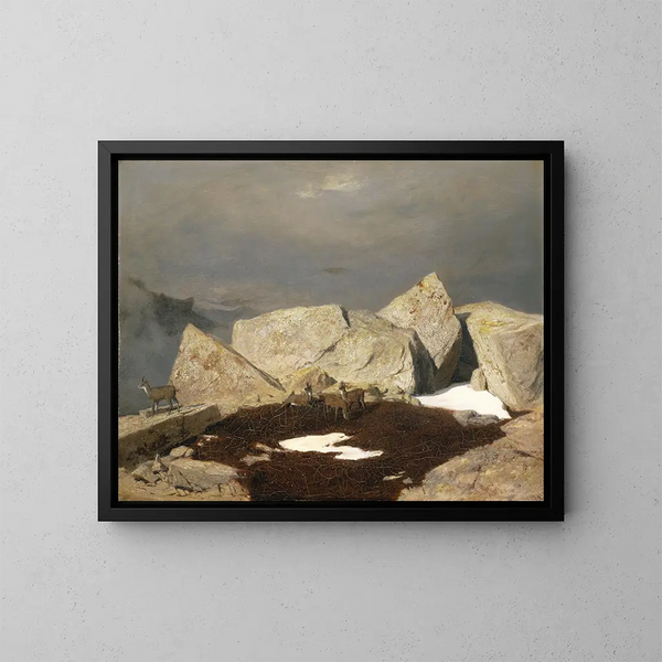 bergslandskap med chamois - Arnold Böcklin — inramlat konstverk på väggen