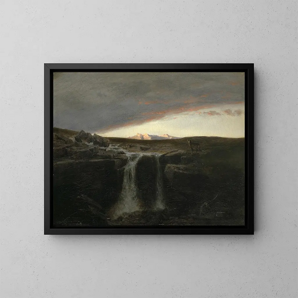 Landskapsbild av berg med vattenfall - Arnold Böcklin — inramlat konstverk på väggen