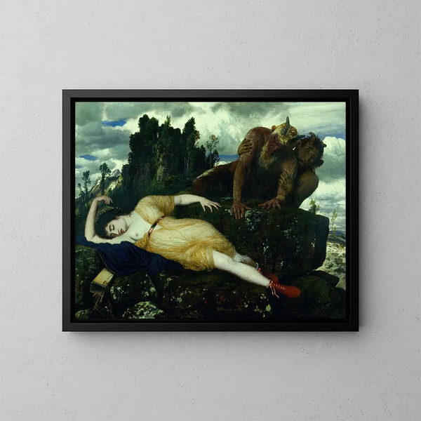 Diane som sover, bevakad av två satyrer - Arnold Böcklin — inramlat konstverk på väggen