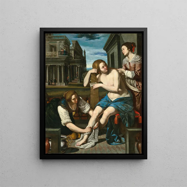Bethsabée i sitt bad - Artemisia Gentileschi — inramlat konstverk på väggen