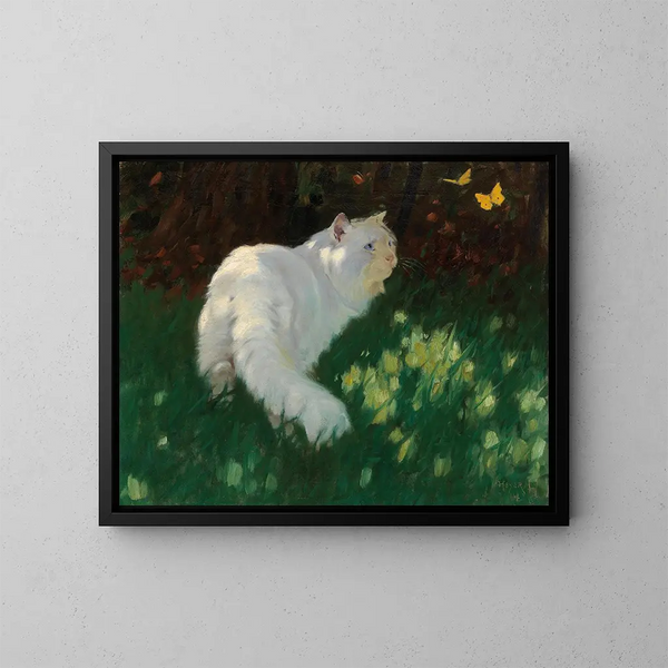 vit katt och fjärilar - Arthur Heyer — inramlat konstverk på väggen