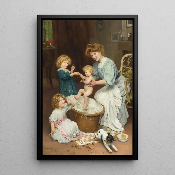 L'heure du bain de bébé - Arthur John Elsley — inramlat konstverk på väggen