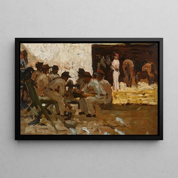 Arthur Melville - Stable boy with fez soldiers seated Morocco.webp
