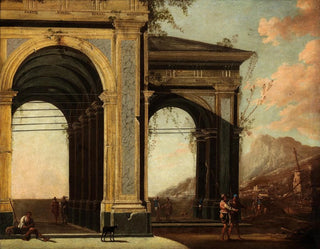 Ascanio Luciani - Portico With Loggia By The Sea With Boats And Figures.webp