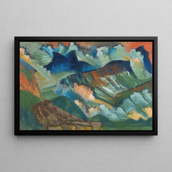 landskapsbild av berg med röd himmel - August Babberger — inramlat konstverk på väggen