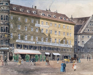 L äldre scenen av branden på St. Étienne-torget i Wien med kaféet L'Europe - August Gerasch — vy av konstverket