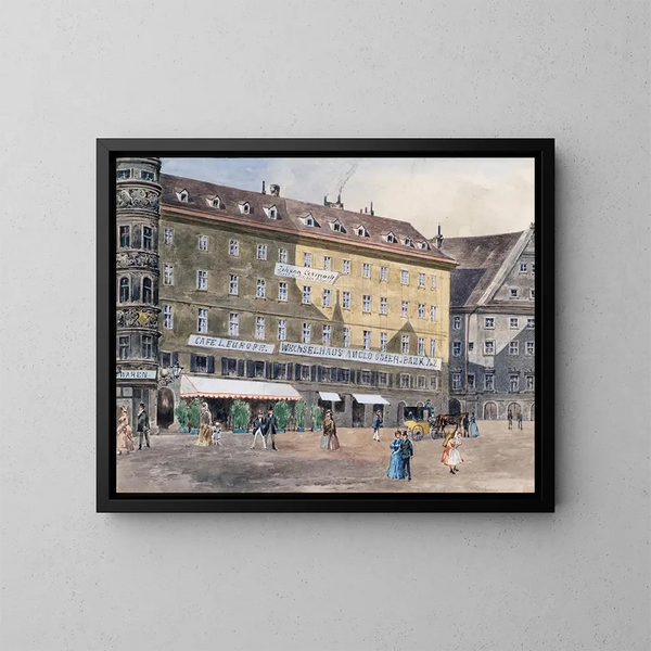 L äldre scenen av branden på St. Étienne-torget i Wien med kaféet L'Europe - August Gerasch — inramlat konstverk på väggen