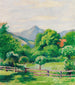 Trädgård vid Tegernsee med hus och berg - August Macke — vy av konstverket