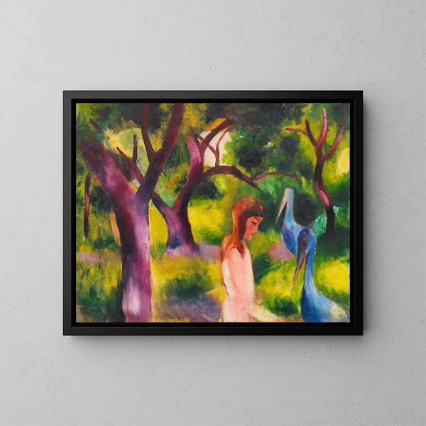 Flickor med blå fåglar - August Macke — inramlat konstverk på väggen