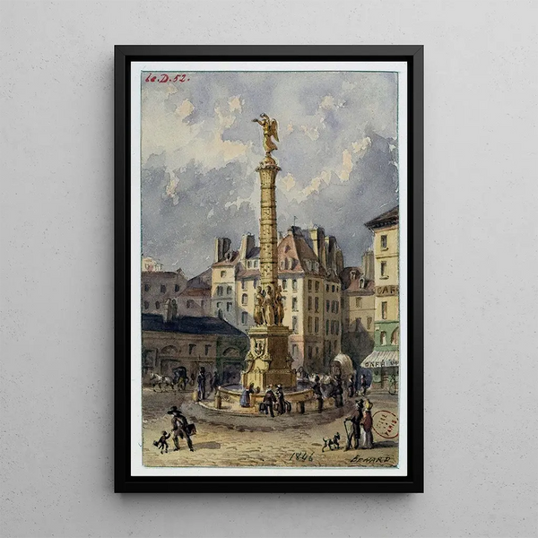 La place du Châtelet et la fontaine des Palmiers - Auguste Sébastien Bénard — inramlat konstverk på väggen