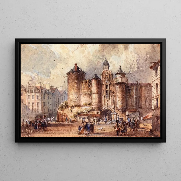 Längd: 60 cm, Höjd: 45 cm, Teknik: olja på duk, Ursprung: Frankrike, Konsttryck av Auguste Sébastien Bénard, "L'entrée de l'ancienne forteresse du Grand Châtelet un jour de carnaval" — inramlat konstverk på väggen
