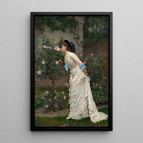 kvinna och rosor - Auguste Toulmouche — inramlat konstverk på väggen