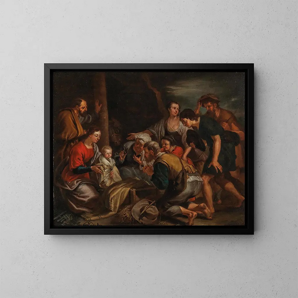 L'Adoration des bergers - Balthasar Beschey — inramlat konstverk på väggen