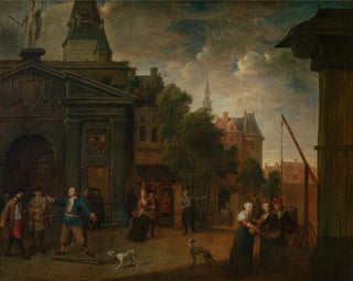 teater i gatan i gården i Antwerpen - Balthasar van den Bossche — vy av konstverket