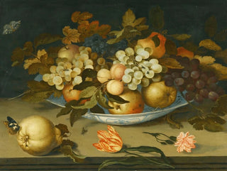 Naturstilleben med en skål Delft innehållande frukter på en kant med blommor, insekter och en ödla - Balthasar van der Ast — vy av konstverket