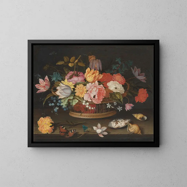Blommor i en korg på ett bord - Balthasar van der Ast — inramlat konstverk på väggen