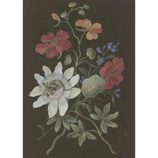 Barbara Regina Dietzsch - Gesteck aus Passionsblume Passiflora roter Kapuzinerkresse Tropaeplum und Vergimeinnicht Myosotis mit blauem Kfer.webp