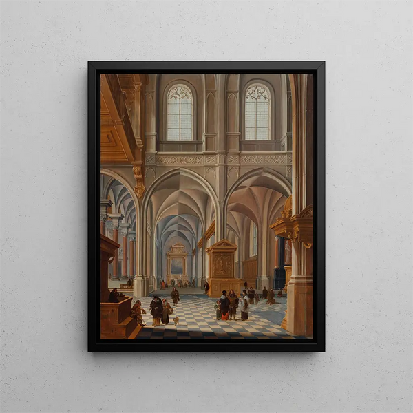 Inomhusmålning av en kyrka med elegant klädda personer, bröder och en kyrklig - Bartholomeus van Bassen — inramlat konstverk på väggen