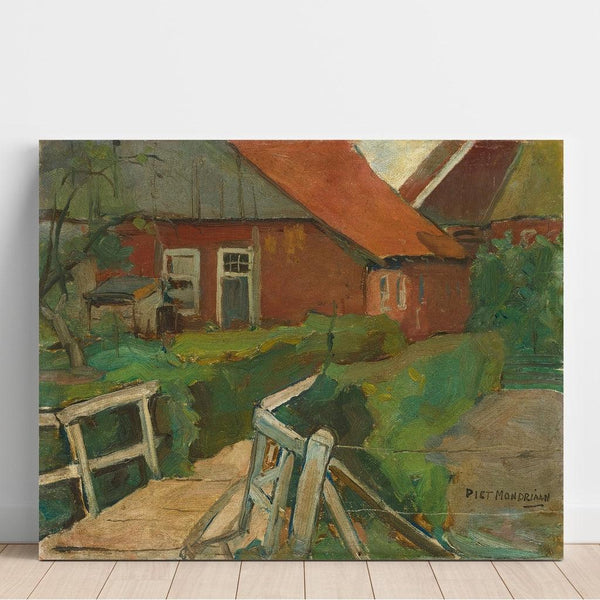 Reproduktion av målningen av bondgårdsbyggnad med bro - Piet Mondrian