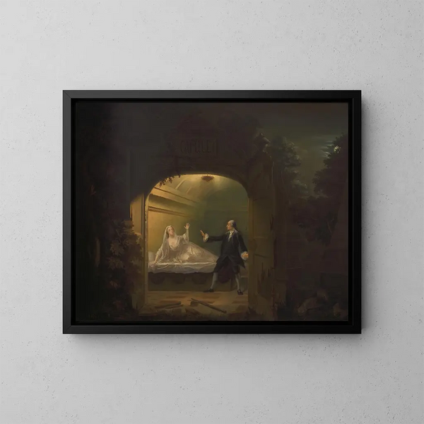 V David Garrick och George Anne Bellamy i Roméo och Juliette, Akt V, Scen III - Benjamin Wilson — inramlat konstverk på väggen