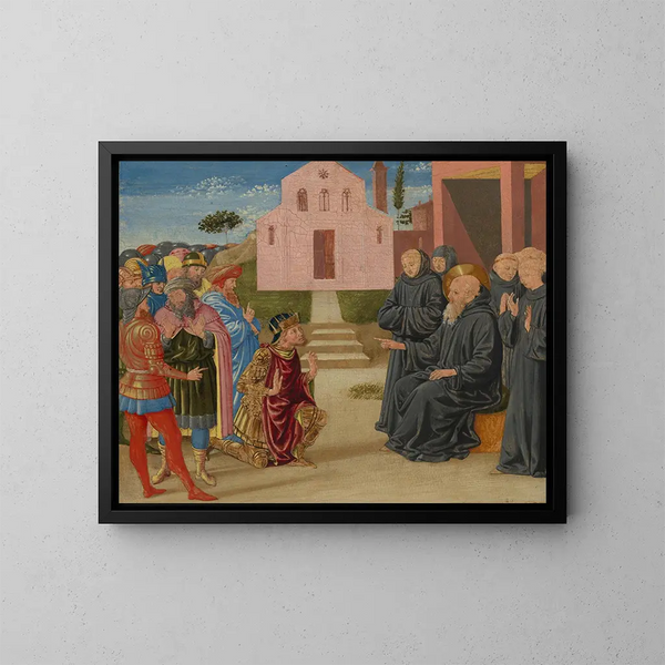 Totila framför Saint Benoît - Benozzo Gozzoli — inramlat konstverk på väggen