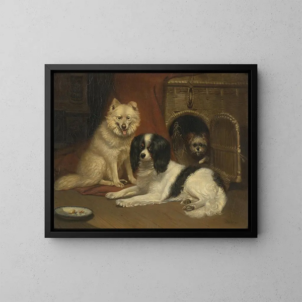 En vallhund, en King Charles spaniel och en terrier - Bernard te Gempt — inramlat konstverk på väggen