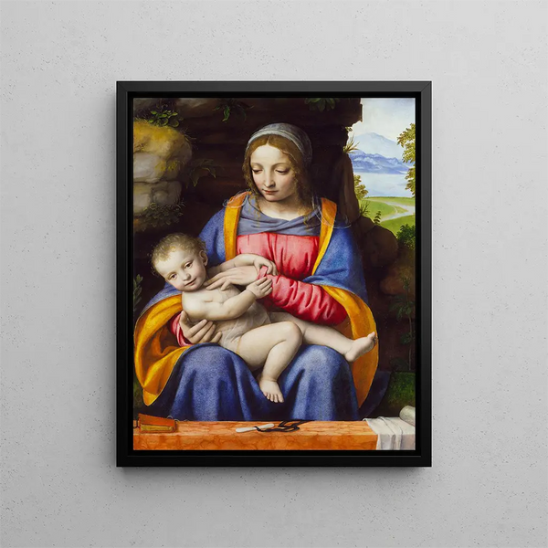 La Vierge à l'Enfant dans un paysage - Bernardino Luini — inramlat konstverk på väggen