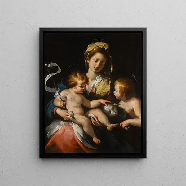 La Vierge à l'Enfant avec le petit saint Jean-Baptiste - Bernardo Strozzi — inramlat konstverk på väggen