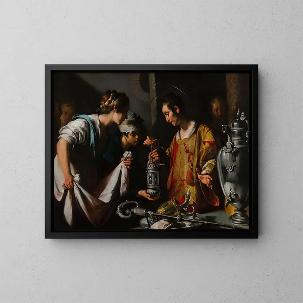 Saint Laurent distribuerar kyrkans rikedomar - Bernardo Strozzi — inramlat konstverk på väggen