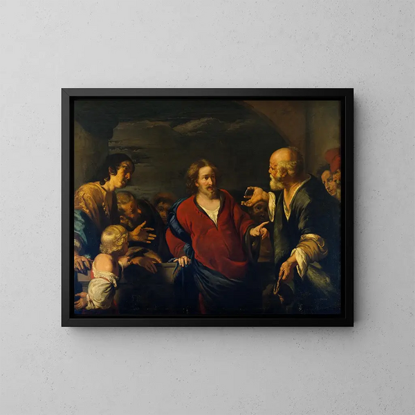 L'Offrande à la monnaie - Bernardo Strozzi — inramlat konstverk på väggen