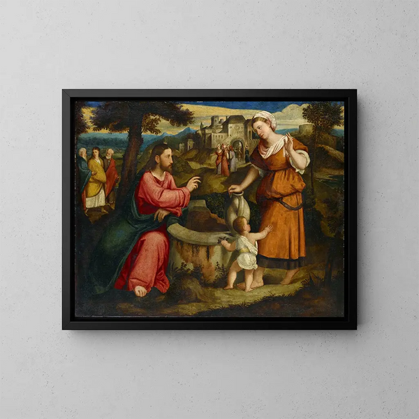 Jesus och den samaritiska kvinnan vid Jakobs brunn i Sikarsjön - Bonifacio Veronese — inramlat konstverk på väggen