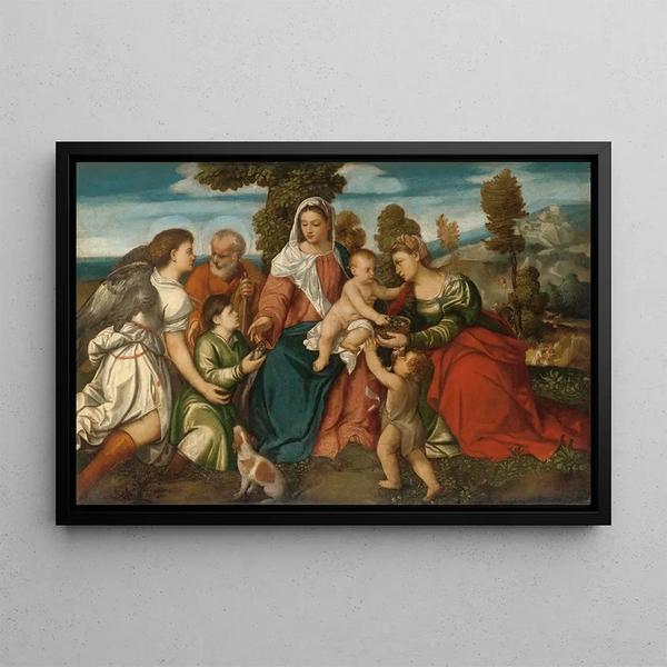 La Sainte Famille avec sainte Dorothée et l'enfant Jean-Baptiste et Tobie avec un ange - Bonifacio Veronese — inramlat konstverk på väggen
